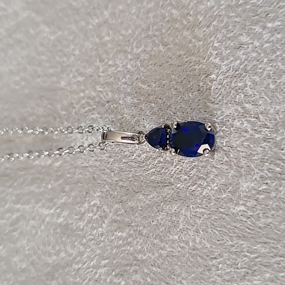 STERLING SILVER CREATED BLUE SAPPHIRE WITH DIAMOND ACCENT PENDANT APPROX 18" - Picture 6 of 15